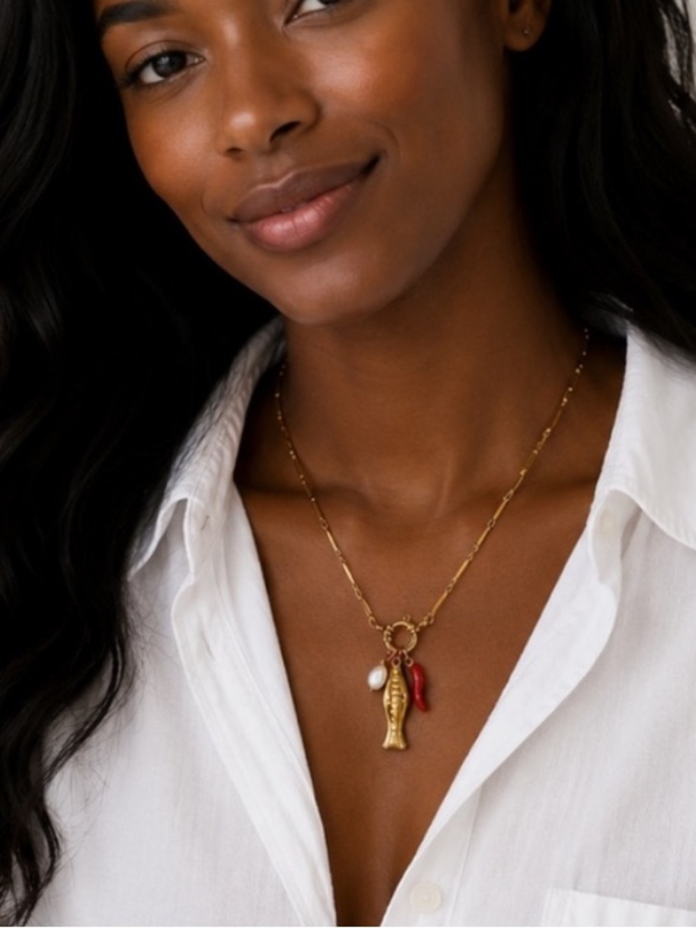 New! Gold Fish Charm Necklace Pearl & Red Chili Pendant Coastal Boho (1055) NWOT